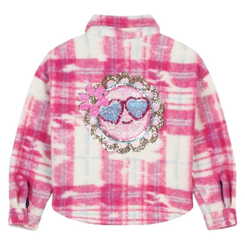 cozy and insulated outerwearSMILEY FACE PATCH PLAID JACKET