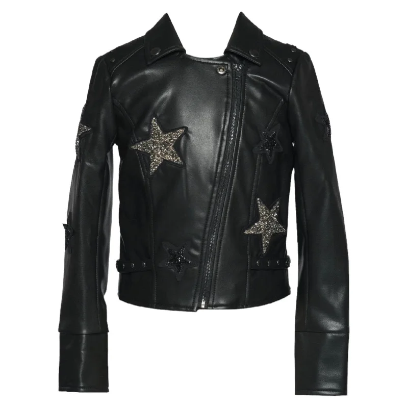 women’s travel outerwearCRYSTAL STAR FAUX LEATHER MOTO JACKET