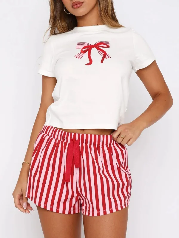 Spring casual sets Printed Round Neck Short Sleeve Top and Drawstring Shorts Set