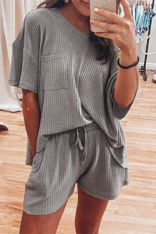 Stylish evening sets Gray Solid Color Waffle Knit T Shirt and Shorts Set