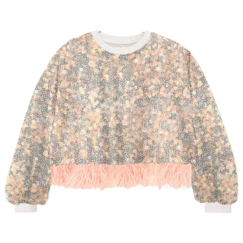 women’s long coats outerwearEMBELLISHED SEQUIN SWEATSHIRT W/ FEATHERS