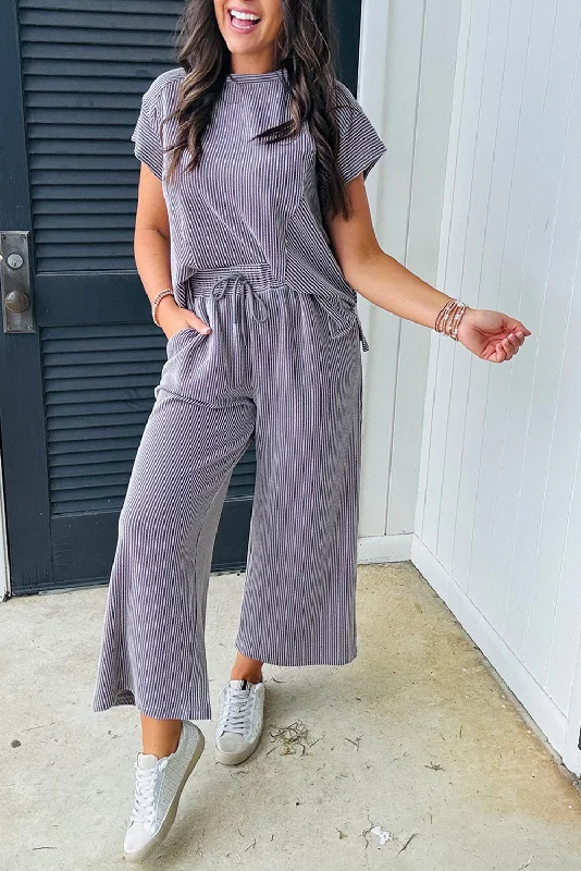 Cozy sweater and pants sets Wild Wind Solid Corded Short Sleeve T Shirt and Wide Leg Pants Set