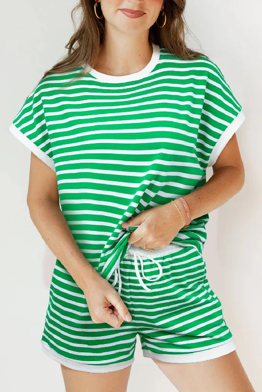 Glamorous outfit sets Dark Green Striped Short Sleeve Tee and Shorts Set