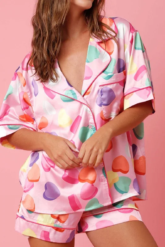 Vacation fashion sets Pink Full Heart Pattern Shirt and Shorts Satin Pajama Set