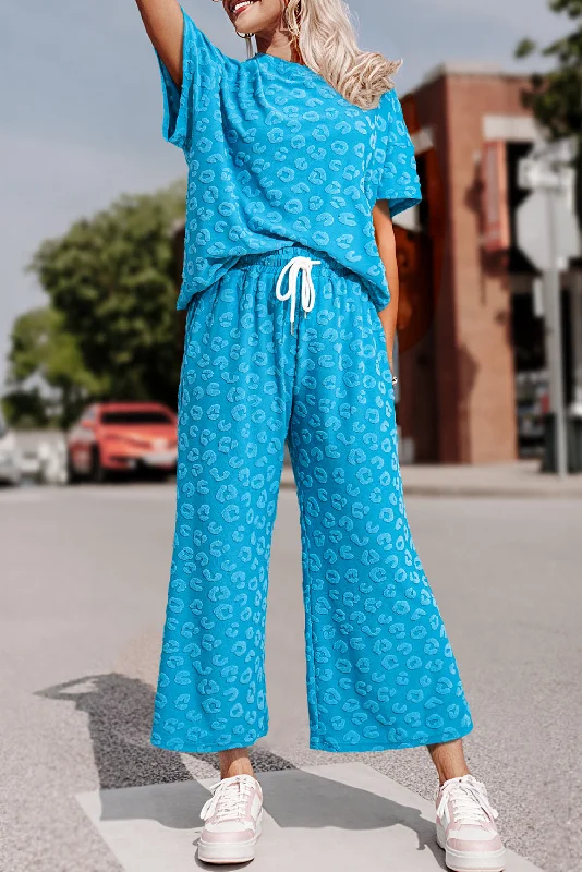 Stylish pajama sets Blue Leopard Jacquard Short Sleeve Top and Wide Leg Pants Set