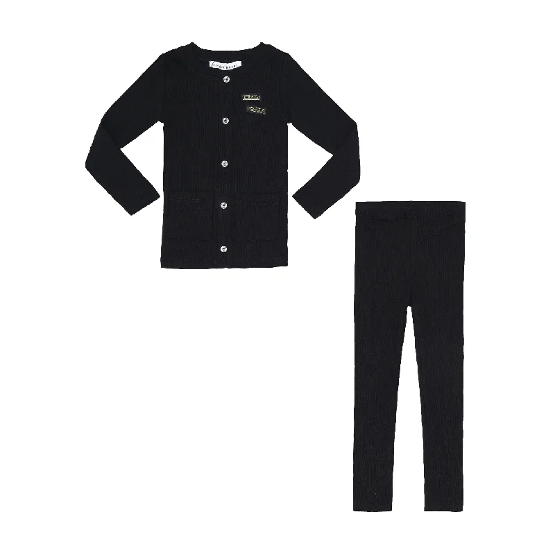 Comfy matching sets Little Parni Black Baby Ribbed Rhinestone Cardigan Set  (K452)