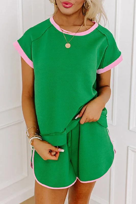 Comfy sweatshirt sets Bright Green Two Tone Contrast Trim Textured Tee and Shorts Set