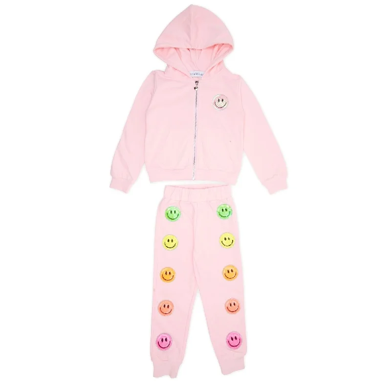 long, warm outerwear jacketsHAPPY SEQUIN SMILEY FACE ZIP UP HOODIE AND SWEATPANTS SET