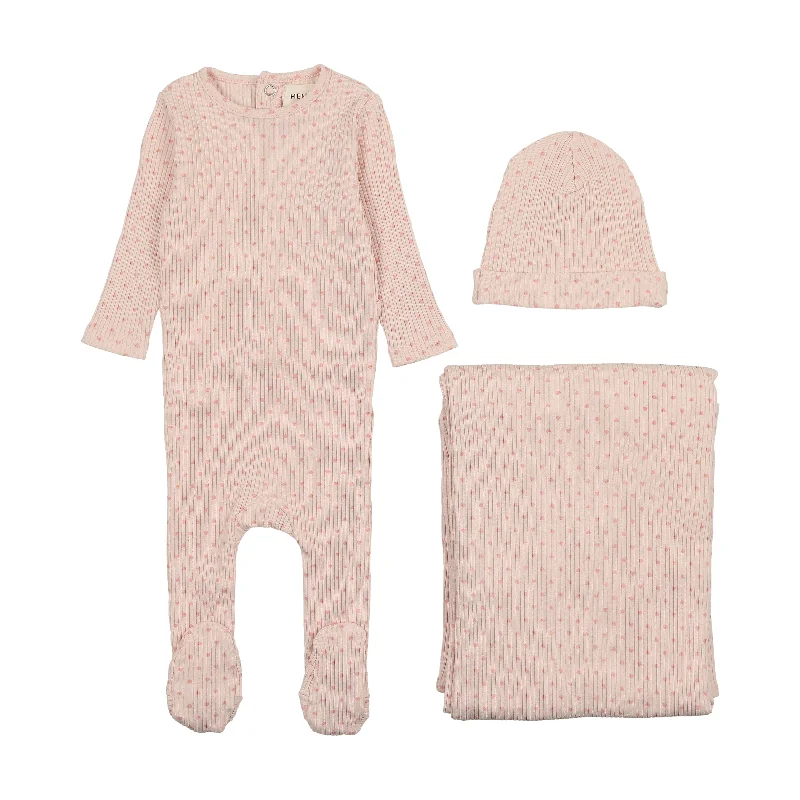 New season fashion sets Mema Knits Pink Tint / Rose Hearts Wide Ribbed Heart Textured Three Piece Set