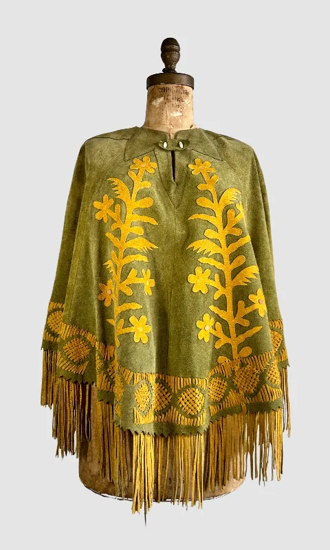 stylish bomber outerwearHOW SUEDE IT IS 60s Green Leather Applique Poncho • Small Medium