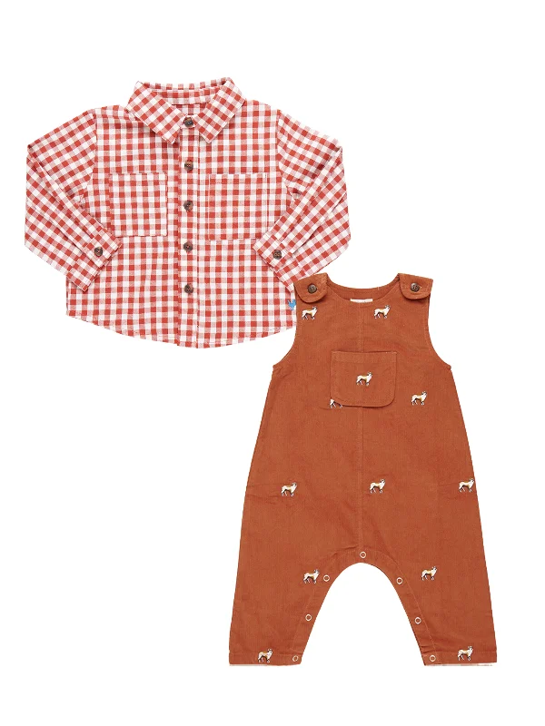 Chic minimalist sets Dog Embroidered Cord Romper and Shirt Set