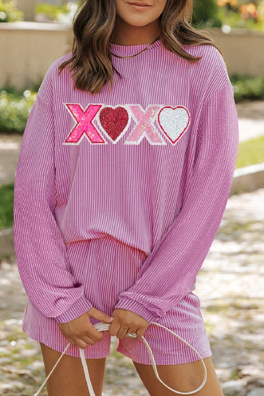 All-season outfit sets Phalaenopsis XOXO Heart Patched Pattern Corded Long Sleeve Top and Shorts Set