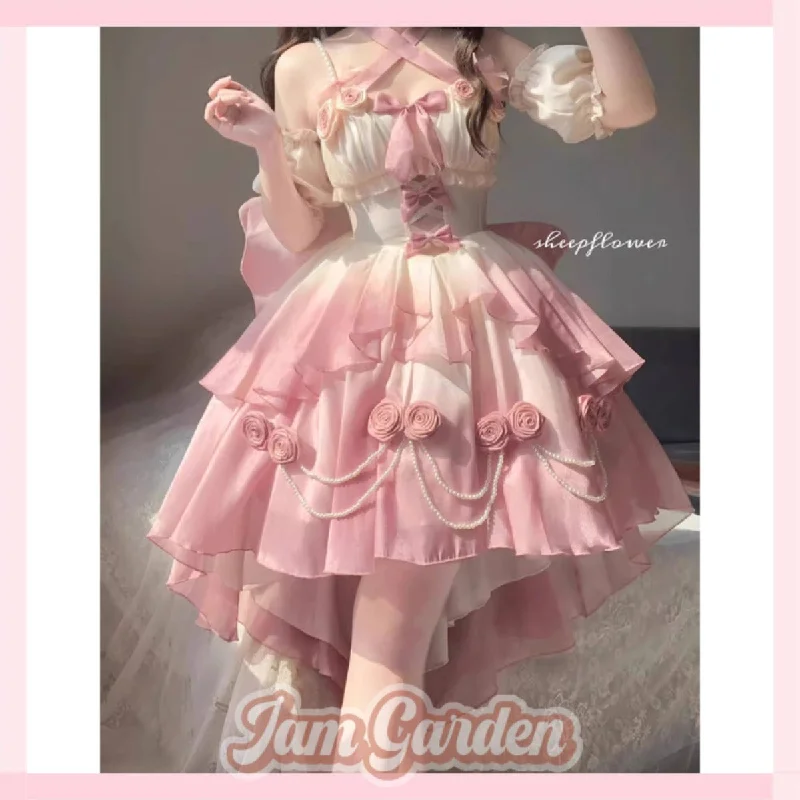 Vibrant dress sets Gradient pink hollow front short back long lolita tail princess dress