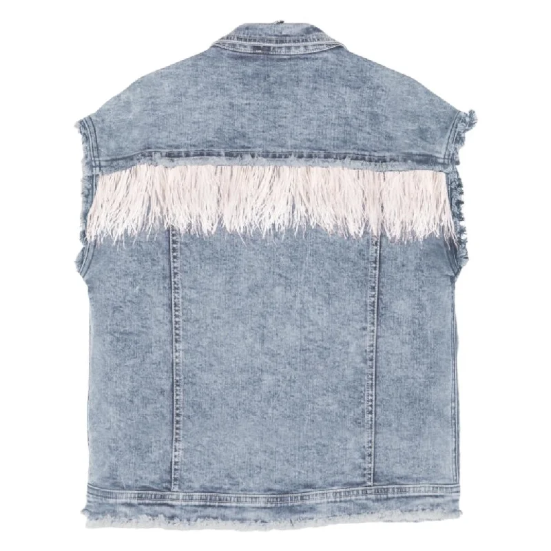 elegant outerwear jacketsOVERSIZED FEATHER TRIMMED DENIM VEST