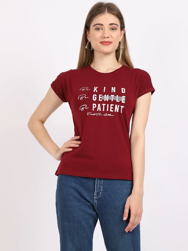 retro style T-Shirts women Women's Casual Regular Short Sleeve Wine Round neck Typographic Print T-Shirt