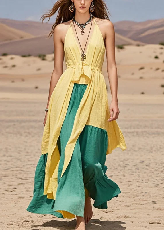 knee-length dresses & jumpsuits Fine Yellow Asymmetrical Patchwork Cotton Halter Dresses Summer