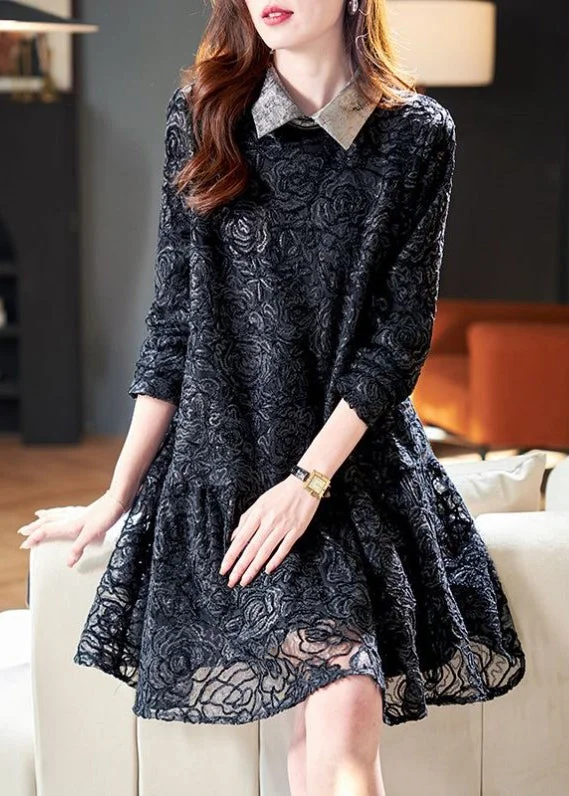 statement dresses & jumpsuits French Black Peter Pan Collar Patchwork Lace Dresses Spring