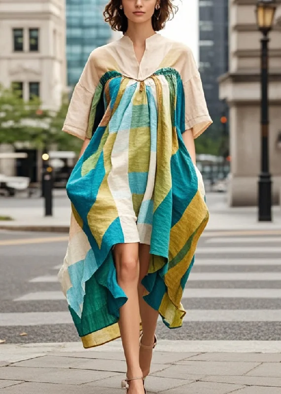 one-piece dresses & jumpsuits for summer Beautiful Khaki Asymmetrical Print Cotton Robe Dresses Summer