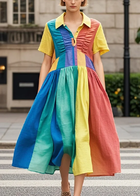 luxurious evening dresses & jumpsuits Rainbow Patchwork Cotton Dresses Wrinkled Summer