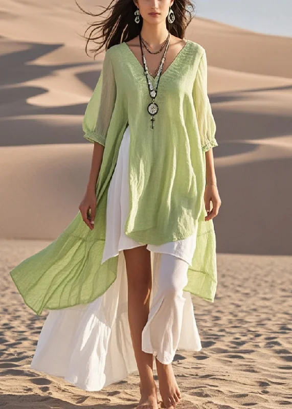 elegant white dresses & jumpsuits Fashion Light Green Asymmetrical Cotton Vacation Dresses Summer