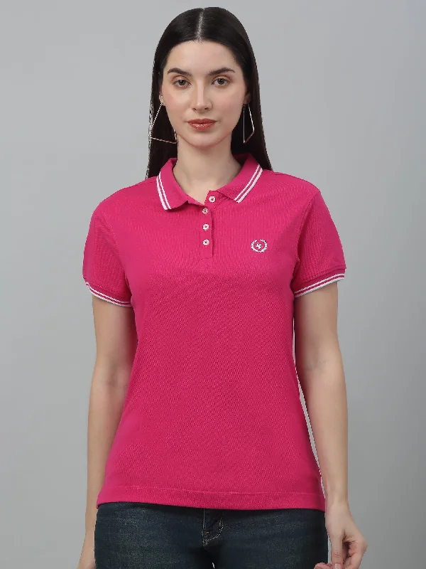 eco-friendly fashion T-Shirts women Women's Casual Regular Short Sleeve Dark Pink Polo neck  T-Shirt