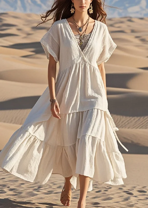 strapless dresses & jumpsuits Stylish White V Neck Patchwork Exra Large Hem Cotton Maxi Dresses Summer