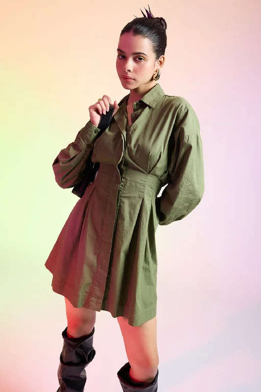 colorful romper dresses & jumpsuits Olive Green Cotton Shirt Dress