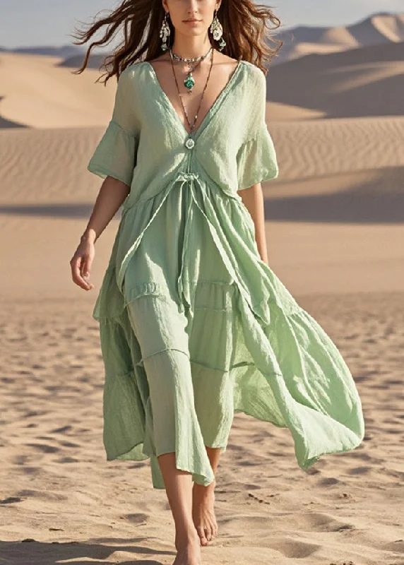 ruffle dresses for parties & jumpsuits Fitted Green V Neck Exra Large Hem Cotton Dresses Summer