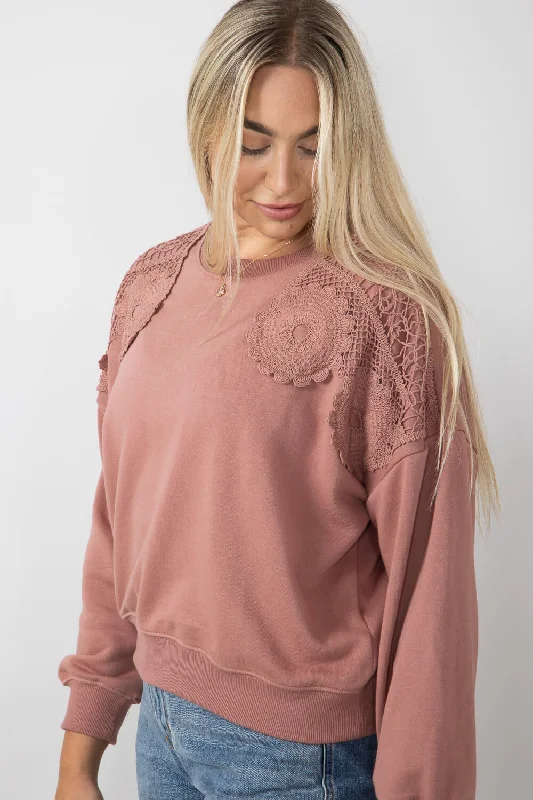 Satin Women's Blouse Top C&C California Daisy Crochet Terry Crewneck Pullover for Women in Burlwood | 89B02984T-C877-BURLWOOD