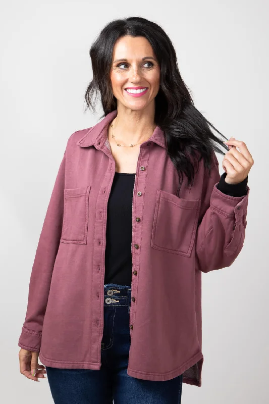 White Women's Blouse Top C&C California Martina Sunwashed Fleece Shacket for Women in Berry | 89B02884A-J531-BERRY