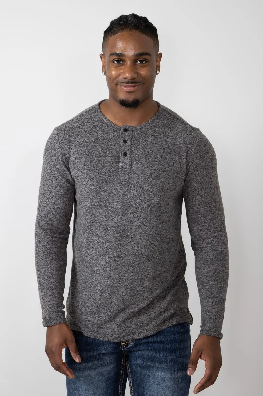 Cute Women's Top Civil Society Hogan Henley Hacci Knit Shirt for Men in Charcoal | MCLT-1415 CHARCOAL