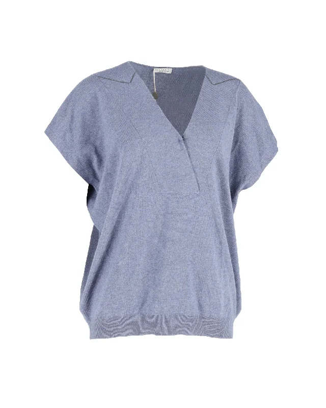 Comfortable wool cardigans Brunello Cucinelli V-Neck Monili-Trim Sweater in Blue Wool