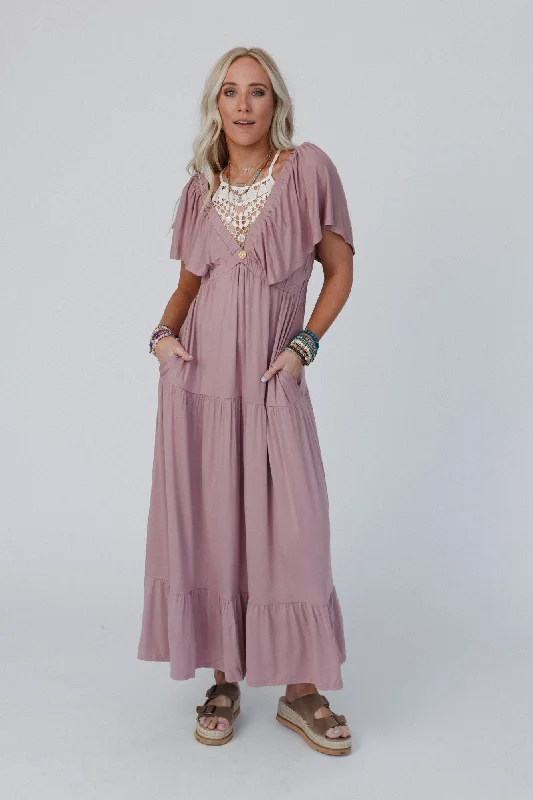 fancy dresses & jumpsuits On Repeat Open Back Ruffle Maxi Dress - Mauve