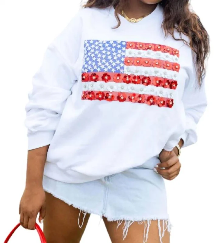 Relaxed fit wool sweaters Flower American Flag Sweatshirt In White