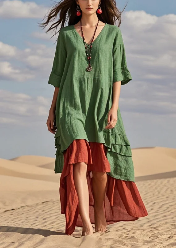 boho dresses & jumpsuits Boutique Green Asymmetrical Fake Two Piece Cotton Robe Dresses Summer