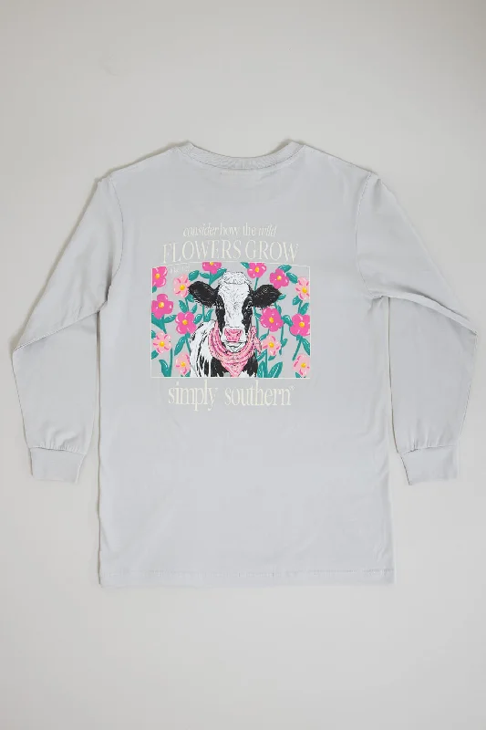 High Neck Women's Top Simply Southern Youth Long Sleeve Flowers Cow T-Shirt for Girls in White Water | YTH-LS-COW-WHITEWATER