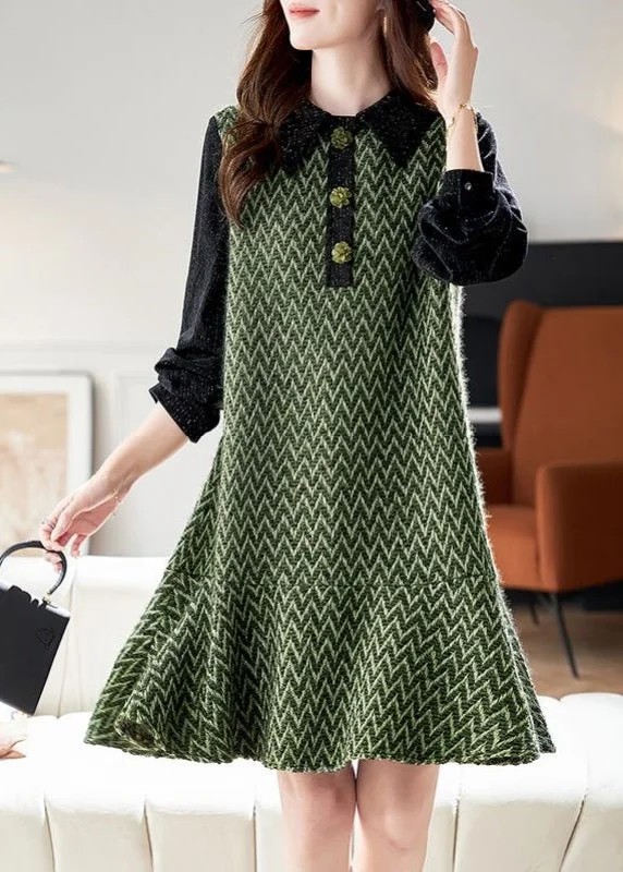 boho chic dresses & jumpsuits French Green Peter Pan Collar Striped Patchwork Mid Dresses Spring