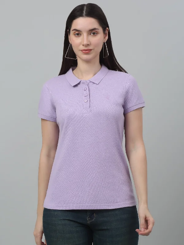 comfy vintage T-Shirts women Women's Casual Regular Short Sleeve Lavender Polo neck  T-Shirt