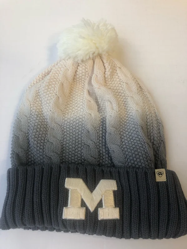 V-neck Women's Top Michigan Wolverines Top of the World White Faded Winter Hat with Pom