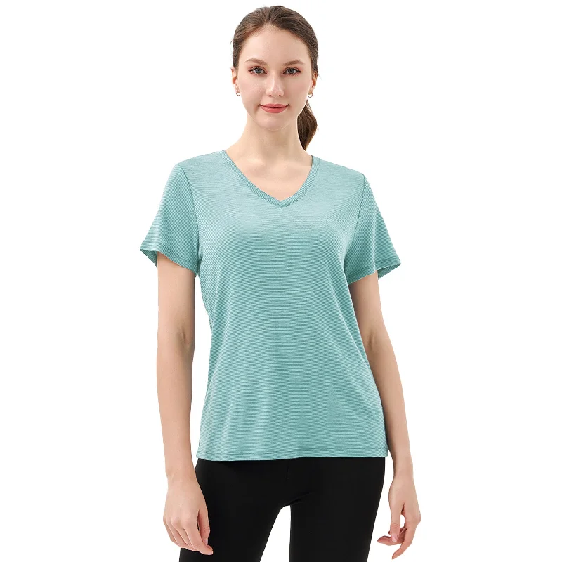 minimalist slogan T-Shirts women Women's Merino 200g V-Neck Short Sleeve T-Shirt Light Dusty Teal Stripes