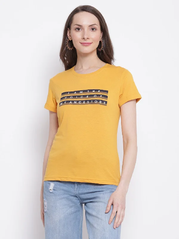 laidback graphic T-Shirts women Women's Casual Regular Short Sleeve Mustard Round neck Typographic Print T-Shirt