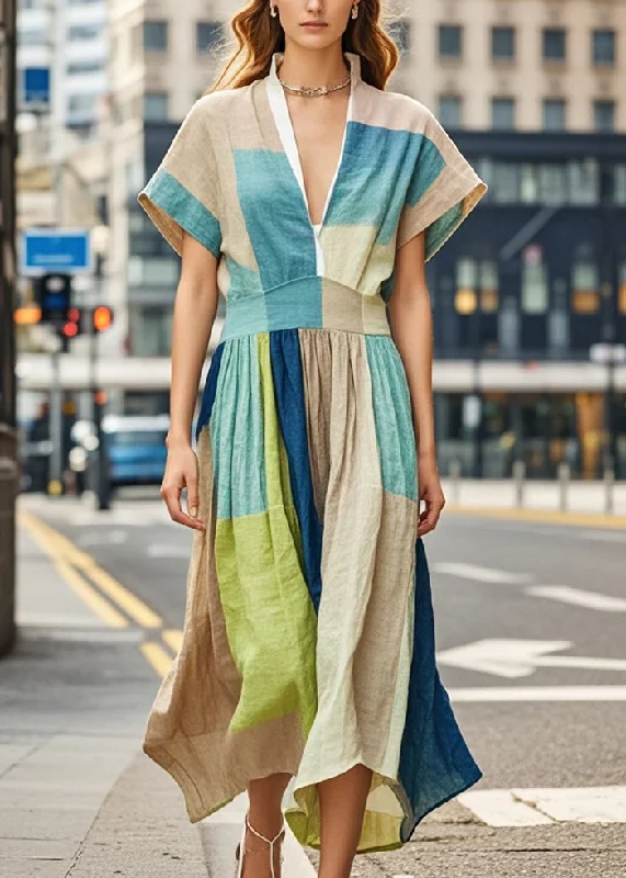 summer fashion dresses & jumpsuits Bohemian Khaki V Neck Print Cotton Robe Dresses Summer