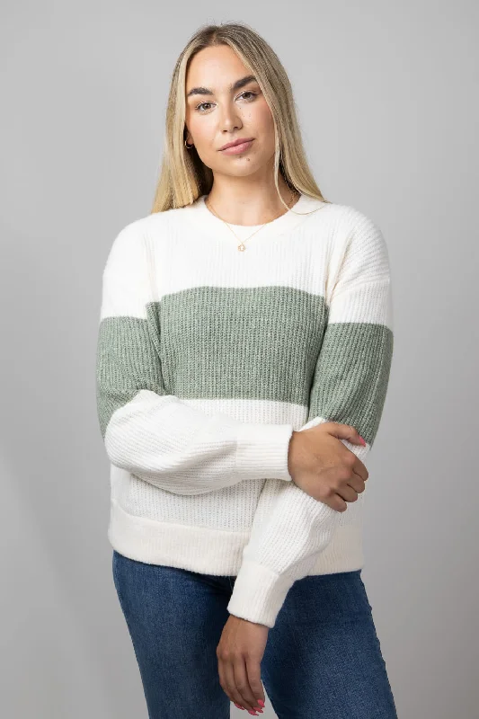 Evening Women's Top Stripe Crewneck Sweater for Women in Green Combo | PF3S26302-GREENCOMBO