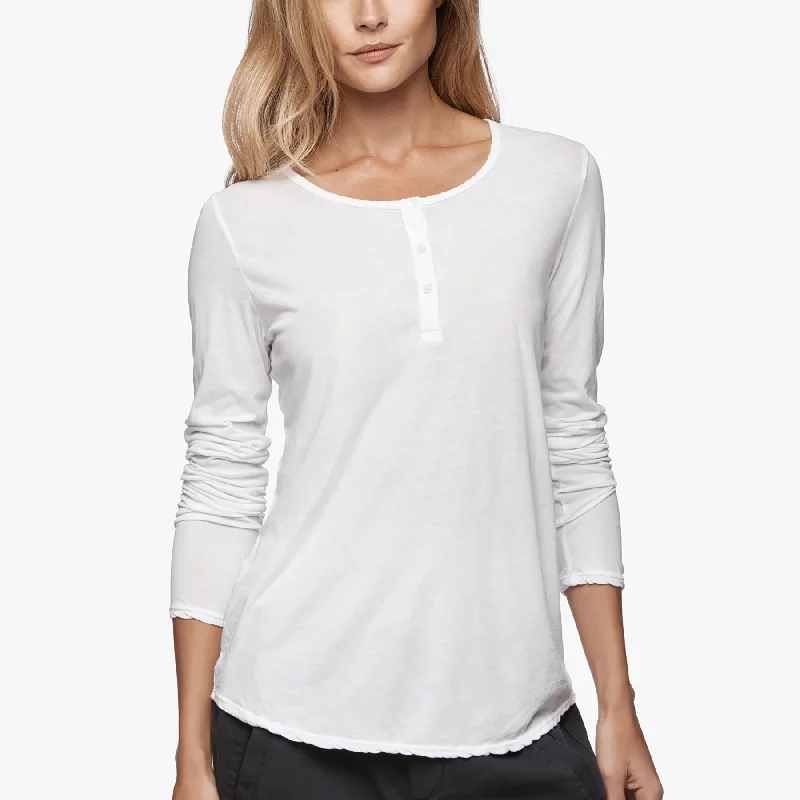 Winter Women's Blouse Top Button Down Henley - White