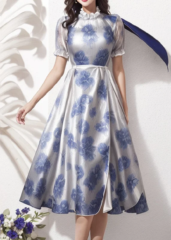 relaxed fit dresses & jumpsuits Boho Blue Ruffled Print Silk Dresses Short Sleeve