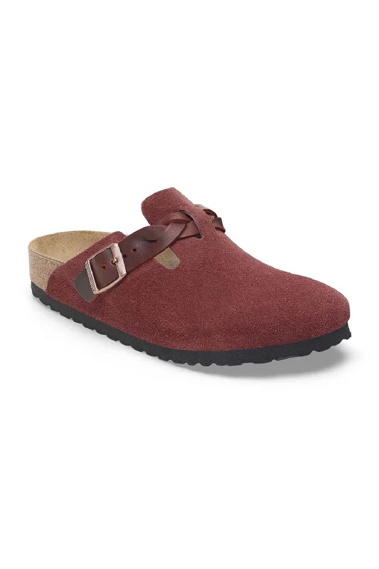 Women's High Neck Top Birkenstock Boston Braided Suede Leather Clogs for Women in Zinfandel | 1027925