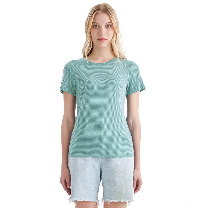 vintage graphic T-Shirts women Women's Merino 200g Short Sleeve T-Shirt Light Dusty Teal Stripes