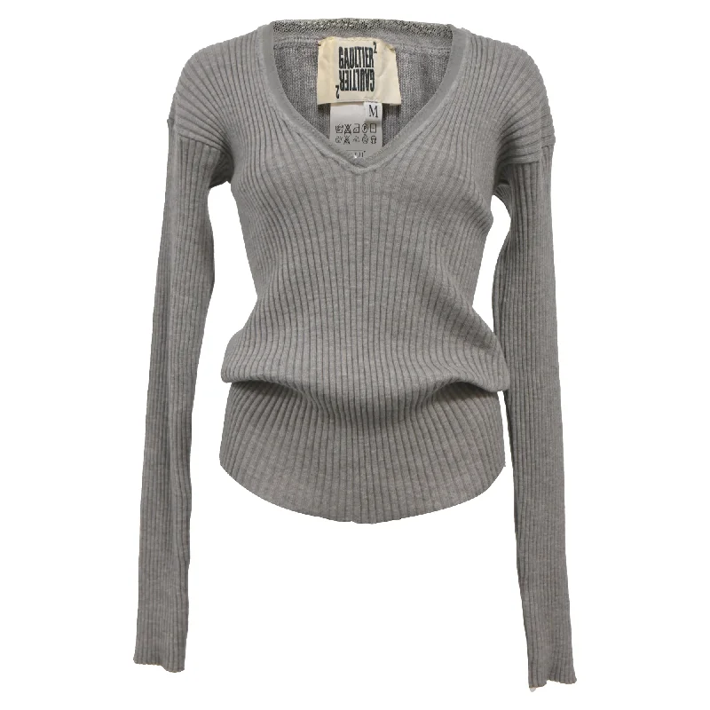 Cozy wool sweater dresses Jean Paul Gaultier Ribbed Knit V-Neck Sweater in Grey Wool