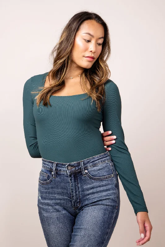 Button-up Women's Top Long Sleeve Bodysuit for Women in Dark Green | UT3067-DARKGREEN