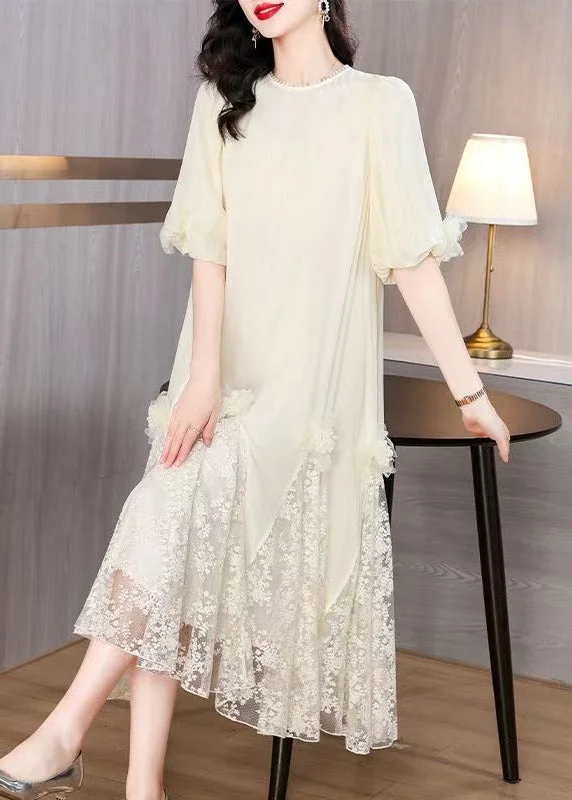 elegant casual dresses & jumpsuits Beige FloralLace Patchwork Long Dresses O-Neck Summer